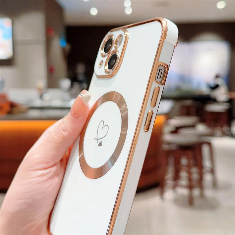 For iPhone 15 Case Compatible with MagSafe Electroplated TPU Phone Cover Hollow Love Hearts - Ivory White - 3