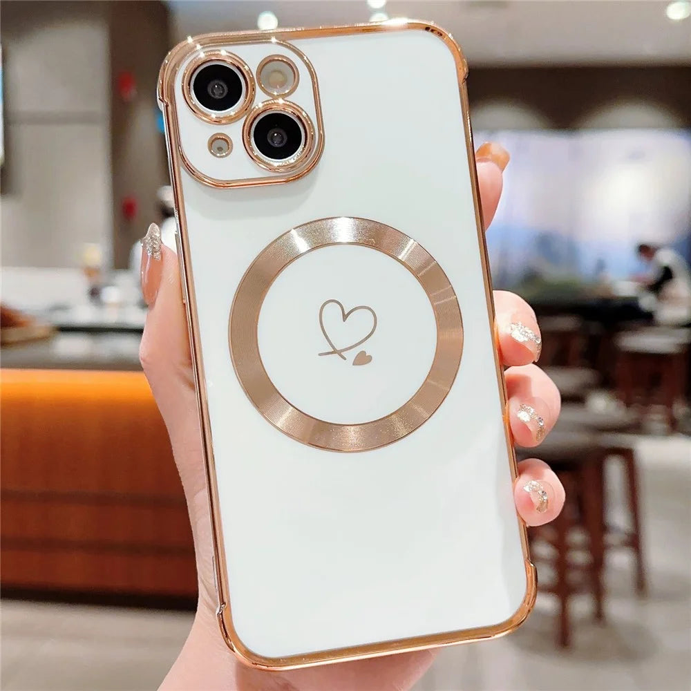 For iPhone 15 Plus Case Compatible with MagSafe Electroplated TPU Phone Cover Hollow Love Hearts - Ivory White - 1