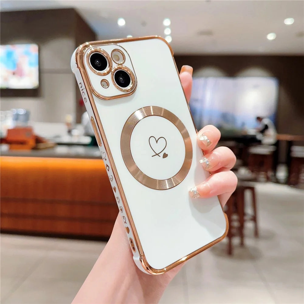 For iPhone 15 Plus Case Compatible with MagSafe Electroplated TPU Phone Cover Hollow Love Hearts - Ivory White - 2