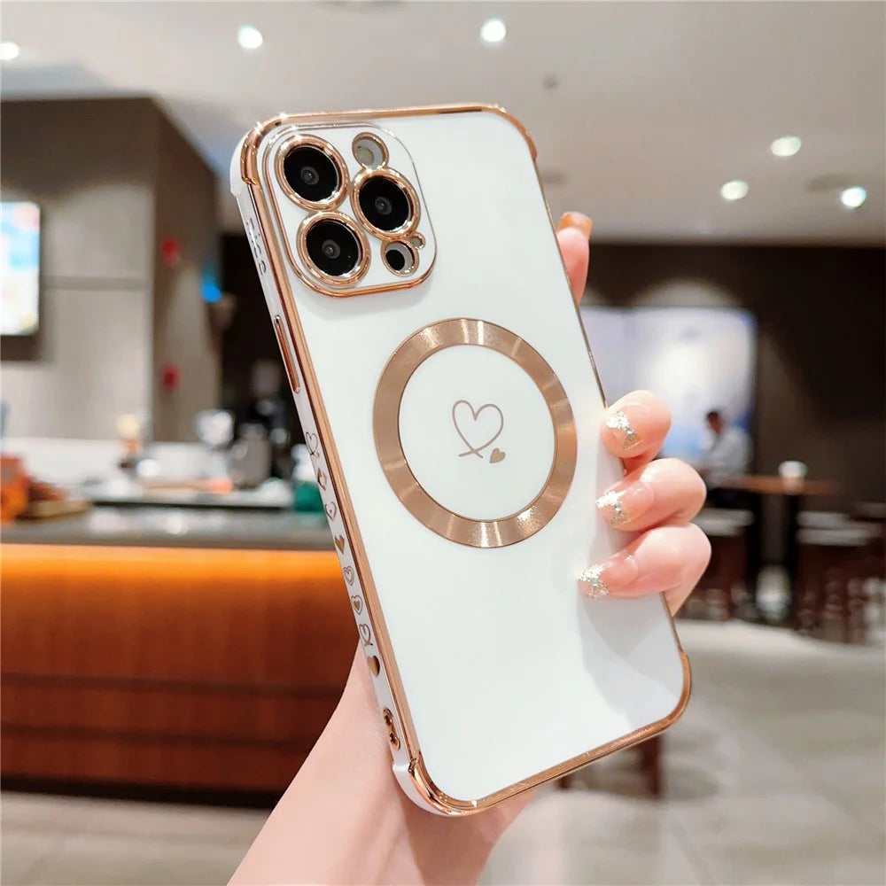 For iPhone 15 Pro Max Case Compatible with MagSafe Electroplated TPU Phone Cover Hollow Love Hearts -  Ivory White - 2