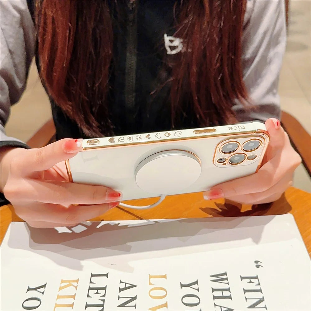 For iPhone 15 Pro Max Case Compatible with MagSafe Electroplated TPU Phone Cover Hollow Love Hearts -  Ivory White - 5