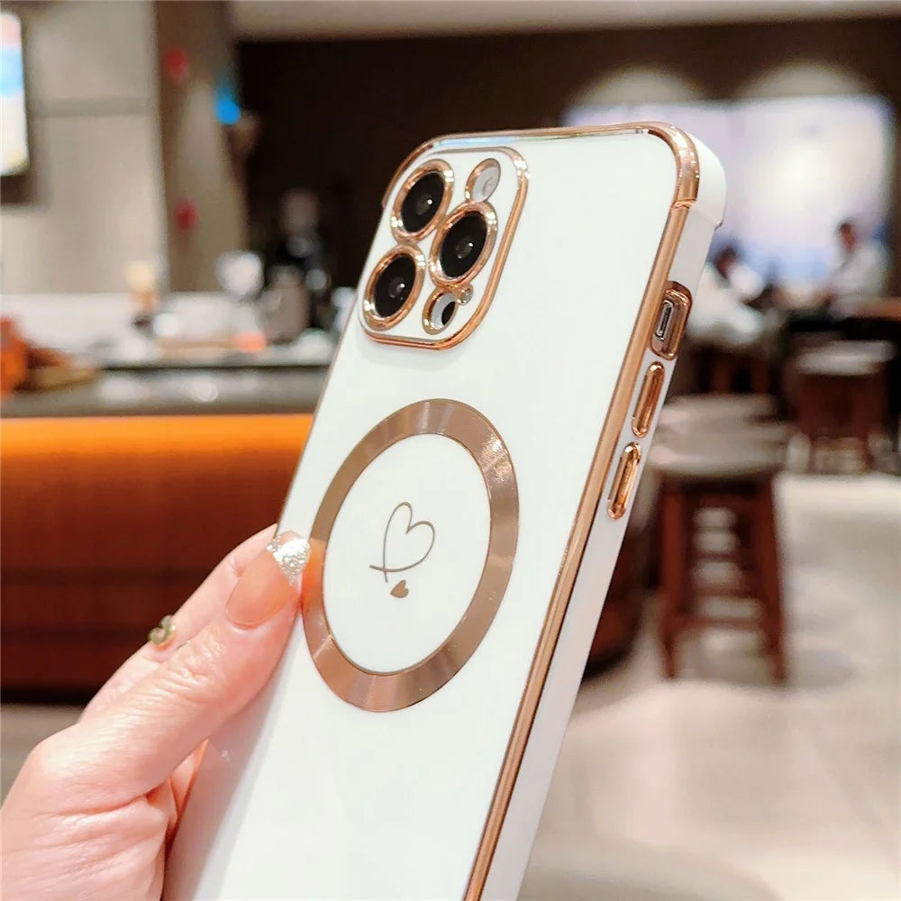 For iPhone 13 Pro Max Case Compatible with MagSafe Electroplated TPU Phone Cover Hollow Love Hearts - Ivory White - 3
