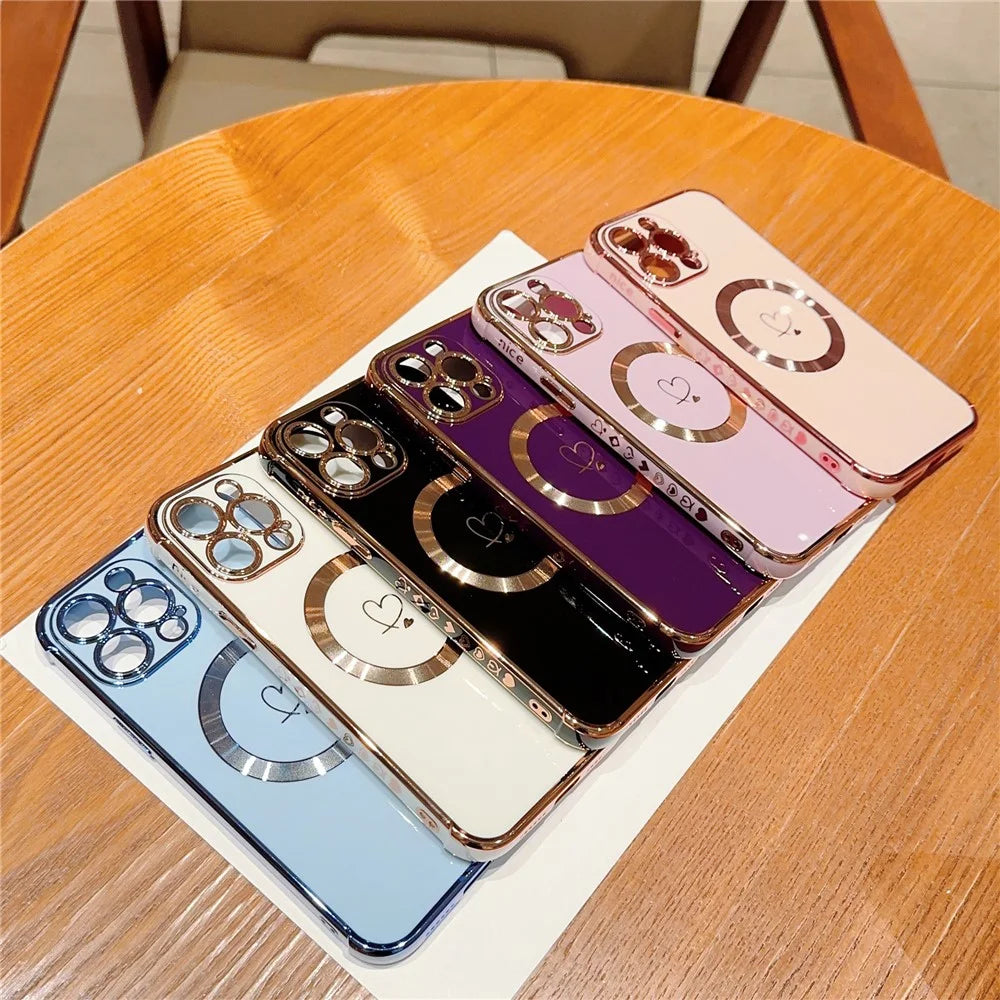 For iPhone 13 Pro Max Case Compatible with MagSafe Electroplated TPU Phone Cover Hollow Love Hearts - Ivory White - 6