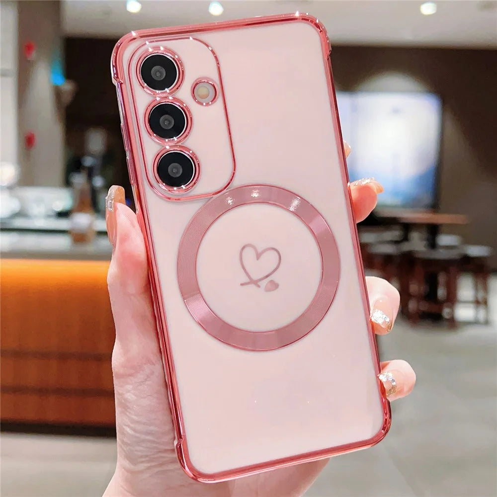 For Samsung Galaxy S24+ Magnetic Case Electroplated TPU Phone Cover Hollow Love Hearts - Rose Pink - 1