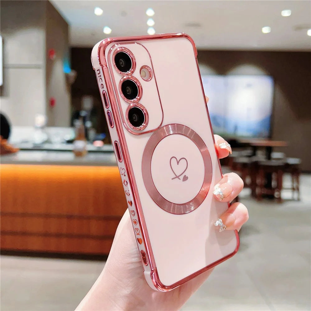For Samsung Galaxy S24+ Magnetic Case Electroplated TPU Phone Cover Hollow Love Hearts - Rose Pink - 2