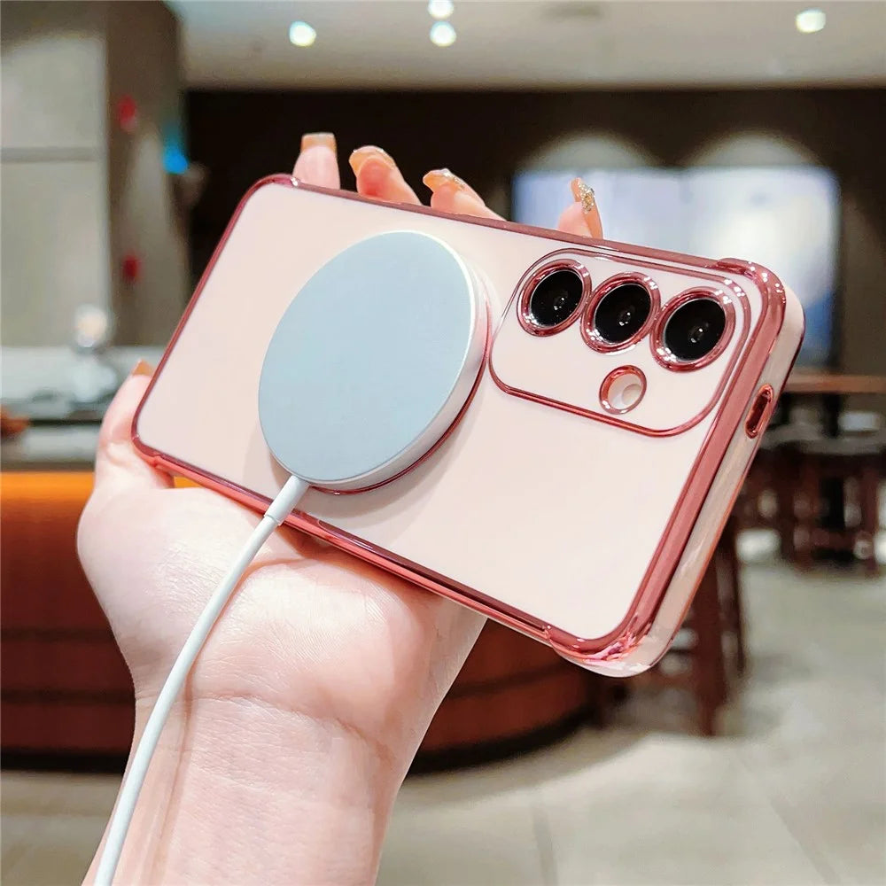 For Samsung Galaxy S24+ Magnetic Case Electroplated TPU Phone Cover Hollow Love Hearts - Rose Pink - 3