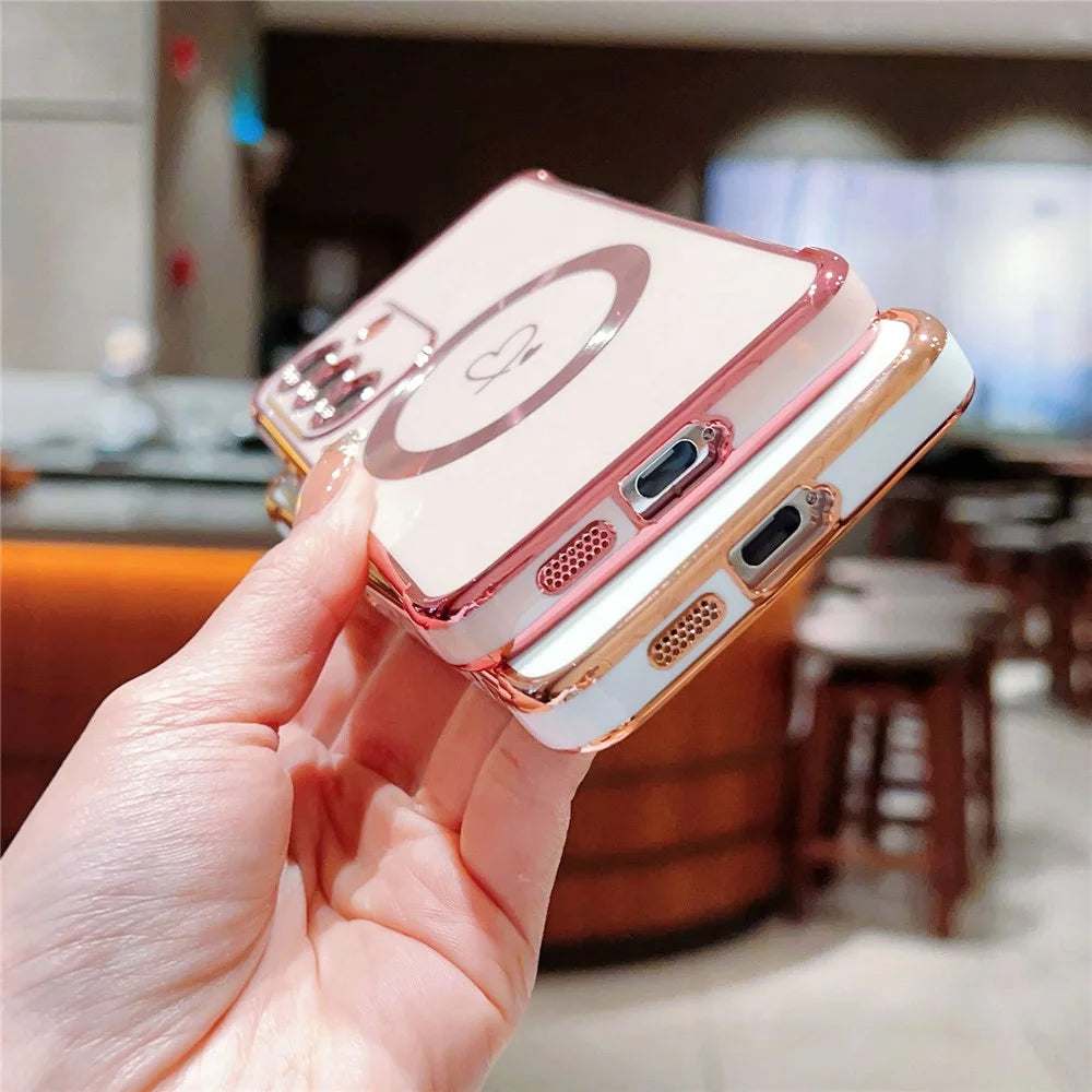 For Samsung Galaxy S24+ Magnetic Case Electroplated TPU Phone Cover Hollow Love Hearts - Rose Pink - 5