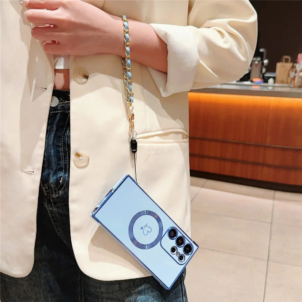 For Samsung Galaxy S24 Ultra Magnetic Case Electroplated Love Hearts TPU Phone Cover with Chain Strap - Blue - 4