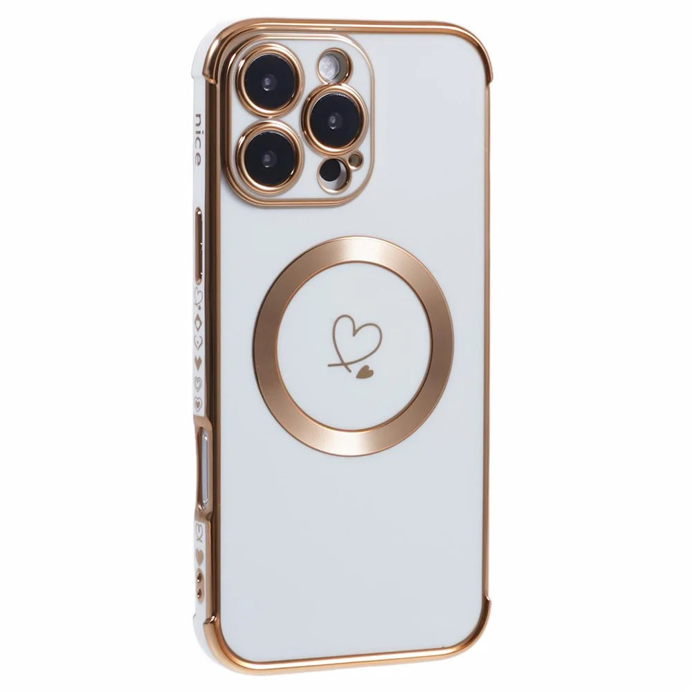 For iPhone 16 Pro Max Case Compatible with MagSafe Electroplated Love Hearts TPU Phone Cover with Chain Strap - Ivory White - 1