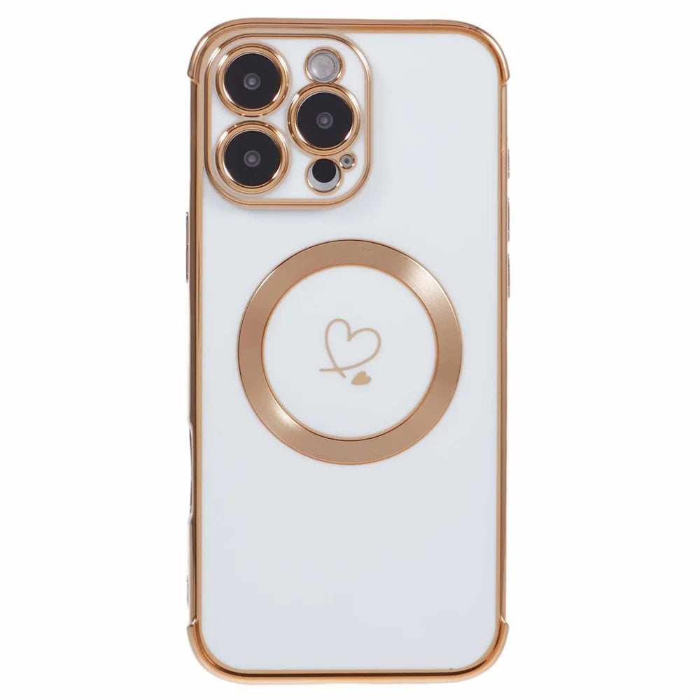 For iPhone 16 Pro Max Case Compatible with MagSafe Electroplated Love Hearts TPU Phone Cover with Chain Strap - Ivory White - 3