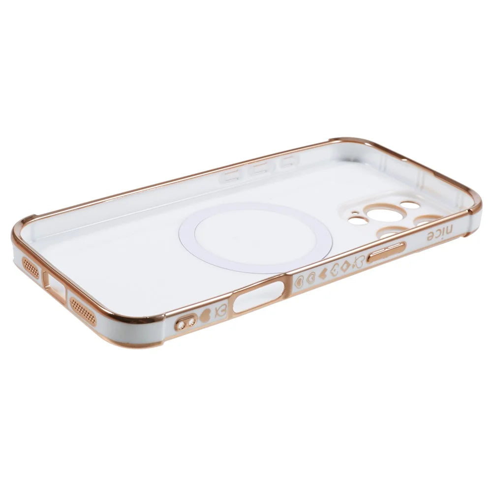 For iPhone 16 Pro Max Case Compatible with MagSafe Electroplated Love Hearts TPU Phone Cover with Chain Strap - Ivory White - 6