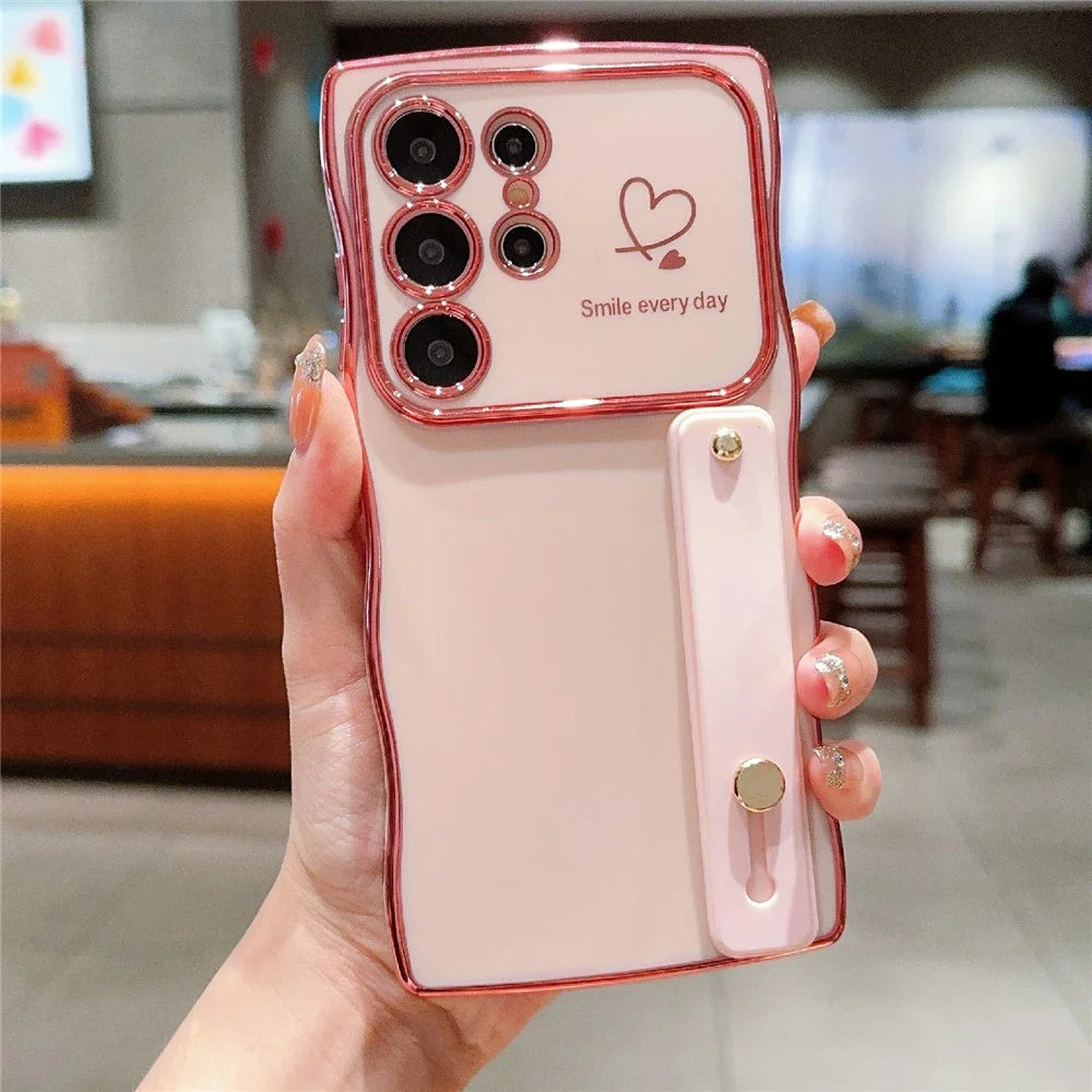 For Samsung Galaxy S24 Ultra Case Love Heart Electroplated TPU Phone Cover with Wrist Strap Kickstand - Rose Pink - 3