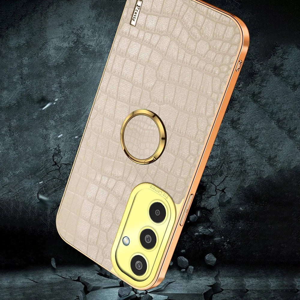 For Samsung Galaxy M35 5G Case Finger Ring Kickstand TPU+Leather 6D Electroplating Phone Cover - Black - 7
