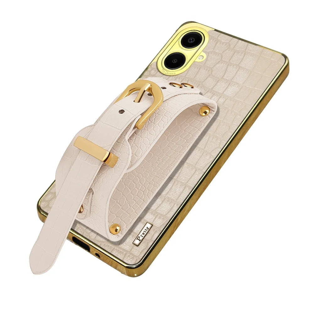 For Samsung Galaxy A06 4G Case Wristband Kickstand PU Leather+TPU 6D Electroplating Phone Cover - White - 2