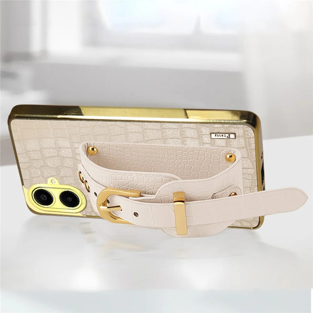 For Samsung Galaxy A06 4G Case Wristband Kickstand PU Leather+TPU 6D Electroplating Phone Cover - White - 5