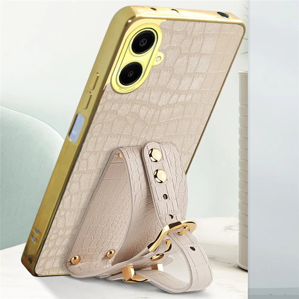 For Samsung Galaxy A06 4G Case Wristband Kickstand PU Leather+TPU 6D Electroplating Phone Cover - White - 6