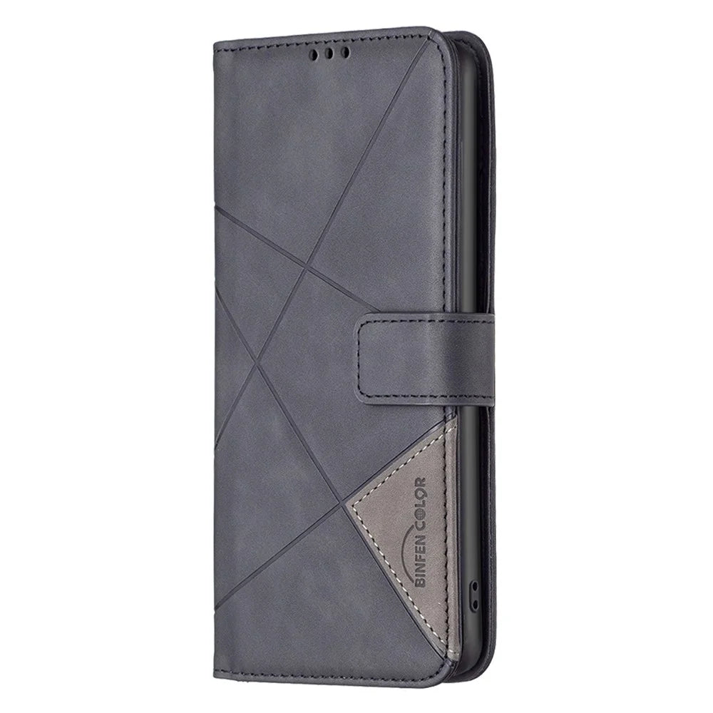 BINFEN COLOR For Realme Note 60 / C61 4G Phone Cases Wallet Stand Geometry Imprint Leather Cover - Black - 4
