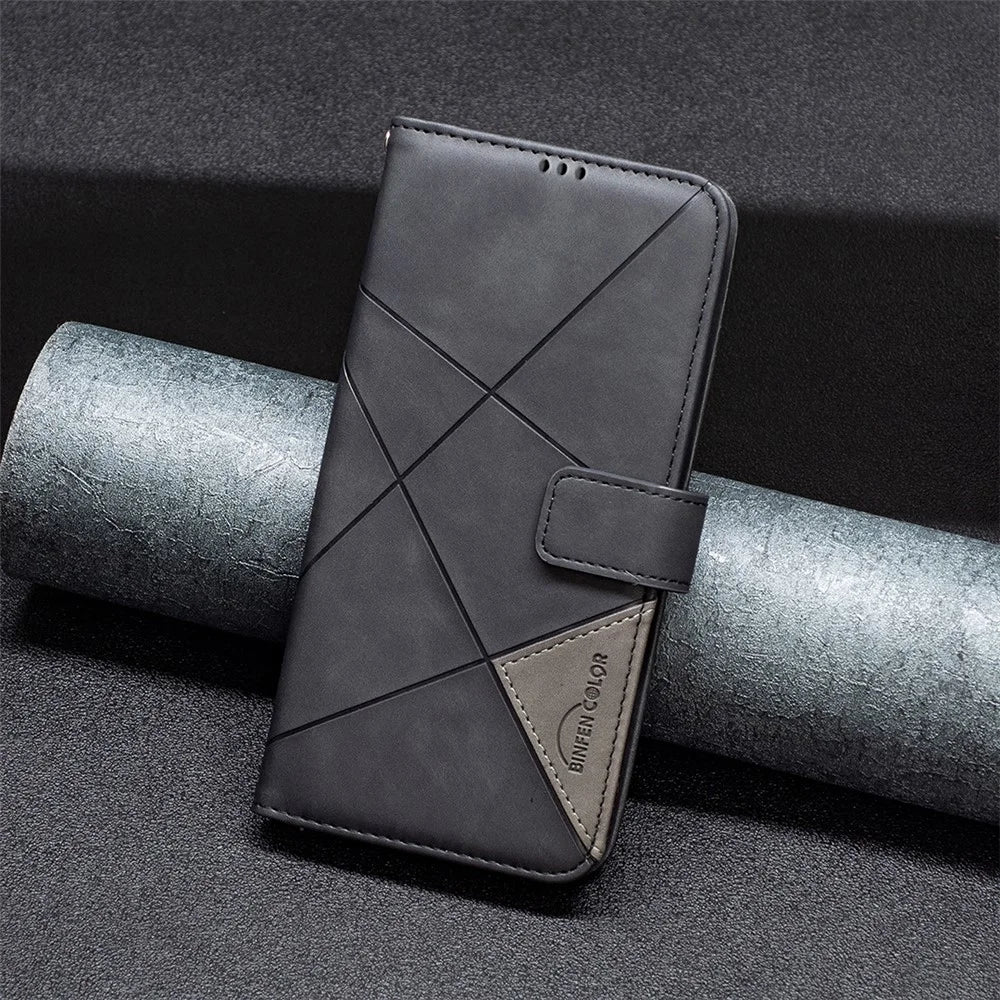 BINFEN COLOR For Realme Note 60 / C61 4G Phone Cases Wallet Stand Geometry Imprint Leather Cover - Black - 6