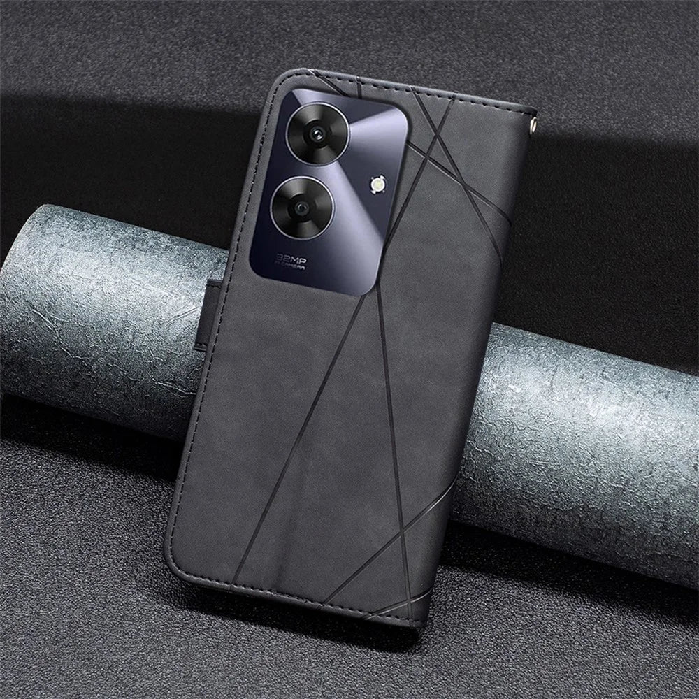 BINFEN COLOR For Realme Note 60 / C61 4G Phone Cases Wallet Stand Geometry Imprint Leather Cover - Black - 7
