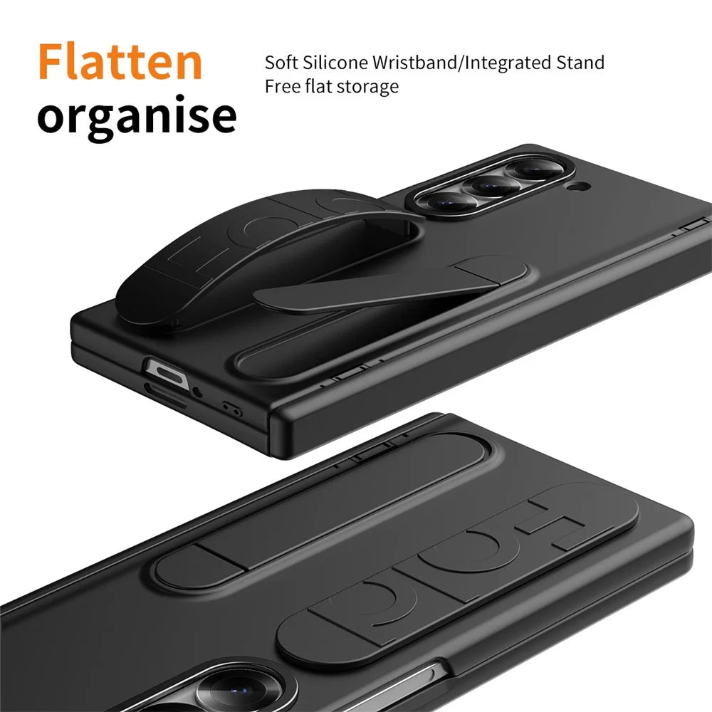 For Samsung Galaxy Z Fold5 5G Case Kickstand Wristband PC Phone Cover with Tempered Glass Film - Black - 2
