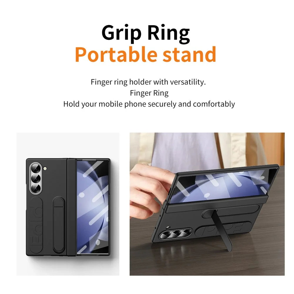 For Samsung Galaxy Z Fold5 5G Case Kickstand Wristband PC Phone Cover with Tempered Glass Film - Black - 6