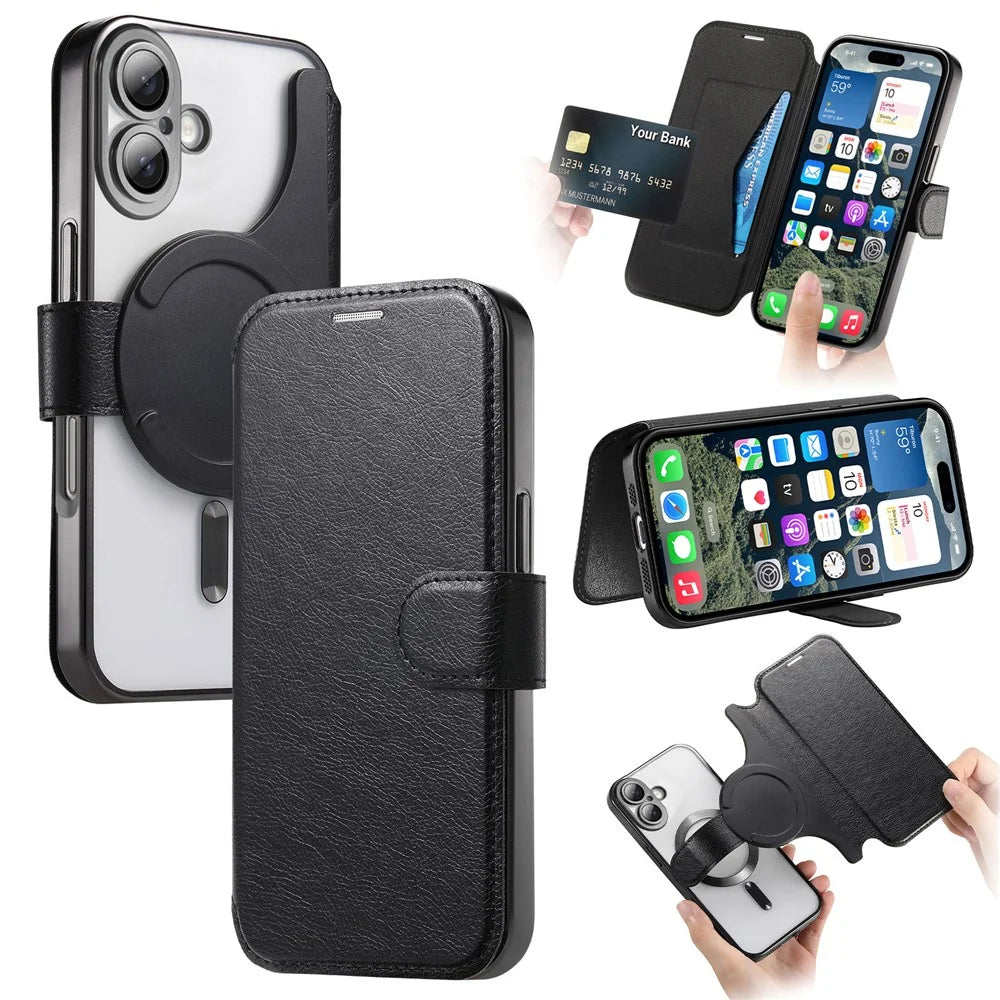 CASENEO For iPhone 16 Plus Case with Lens Film TPU Inner Shell Detachable Leather Phone Cover - Black - 1