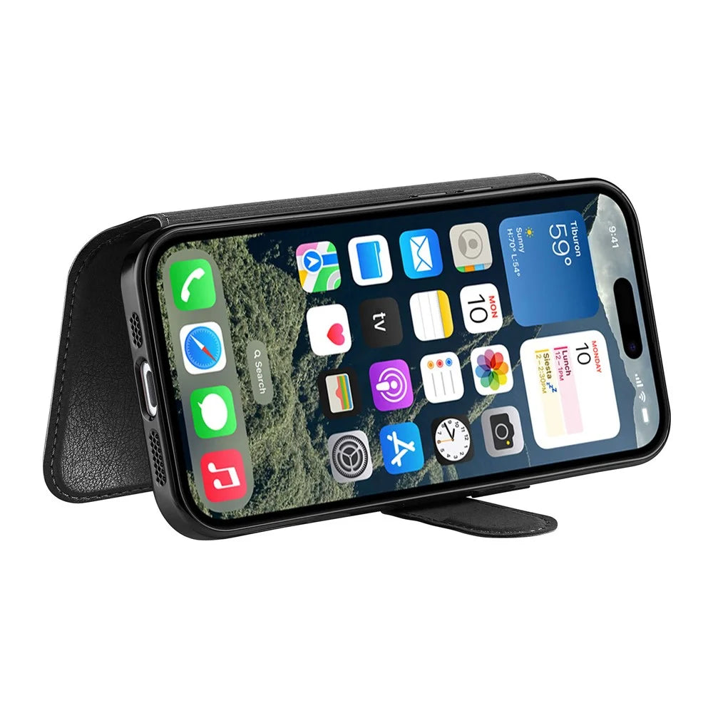 CASENEO For iPhone 16 Case with Lens Film TPU Inner Shell Detachable Leather Phone Cover - Black - 3