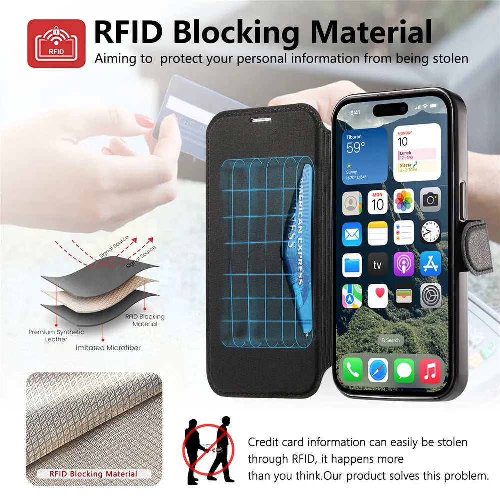 CASENEO For iPhone 16 Case with Lens Film TPU Inner Shell Detachable Leather Phone Cover - Black - 7
