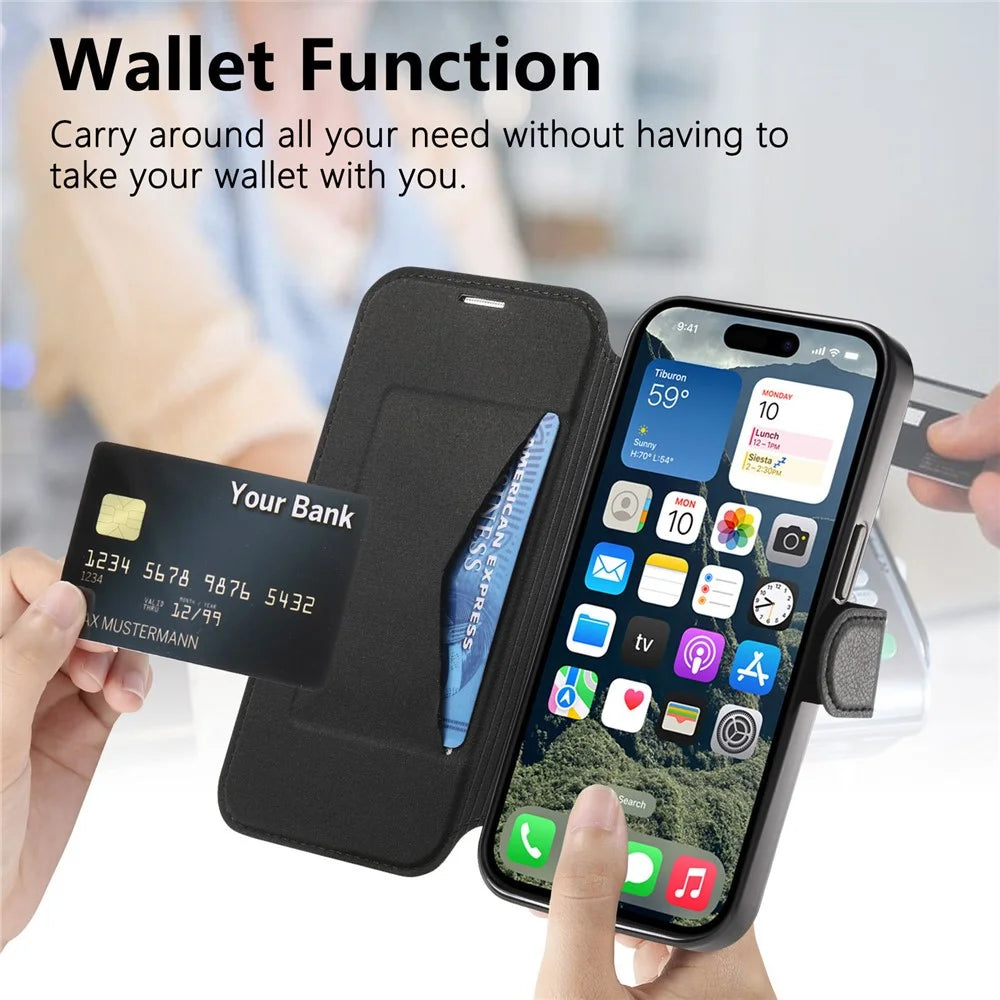 CASENEO For iPhone 16 Pro Max Case with Lens Film TPU Inner Shell Detachable Leather Phone Cover - Black - 6