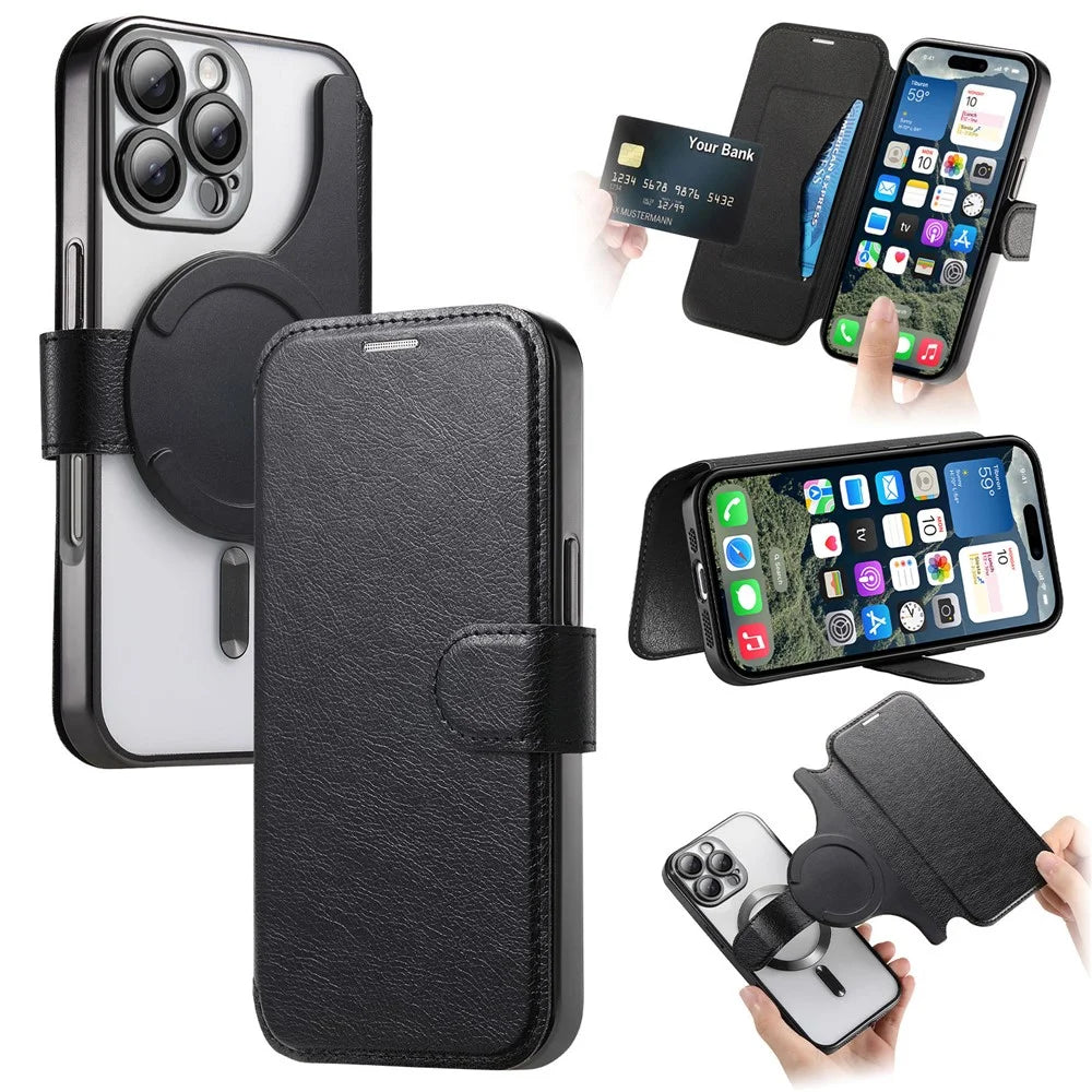 CASENEO For iPhone 16 Pro Case with Lens Film TPU Inner Shell Detachable Leather Phone Cover - Black - 1