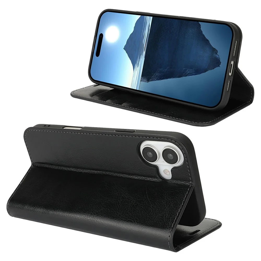 For iPhone 16 Plus Case Crazy Horse Texture Split Leather Wallet Phone Cover - Black - 2