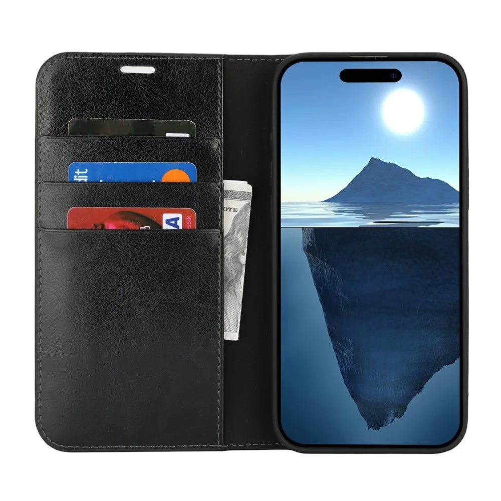 For iPhone 16 Plus Case Crazy Horse Texture Split Leather Wallet Phone Cover - Black - 3