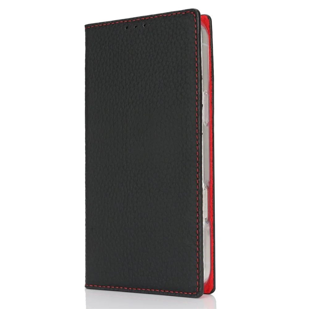 For iPhone 16 Pro Wallet Case Genuine Cow Leather Phone Cover Litchi Texture - Black - 6