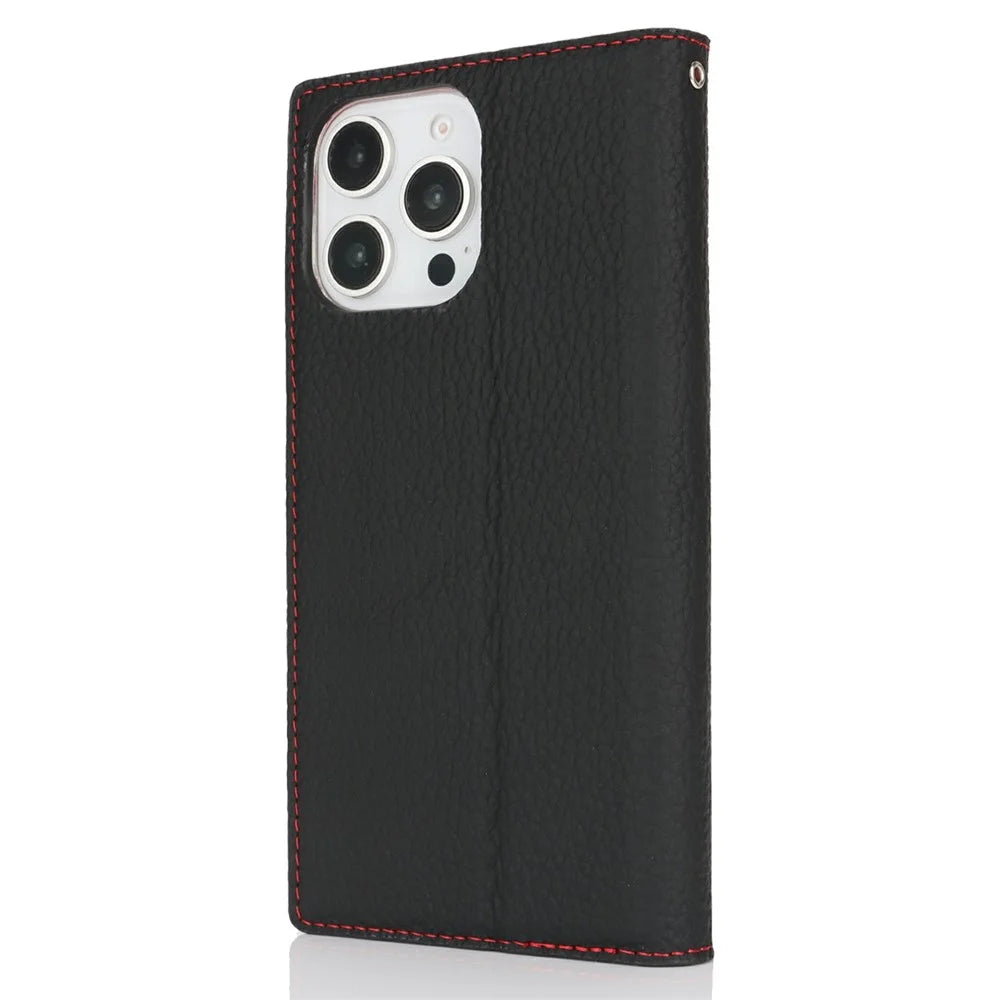 For iPhone 16 Pro Wallet Case Genuine Cow Leather Phone Cover Litchi Texture - Black - 7