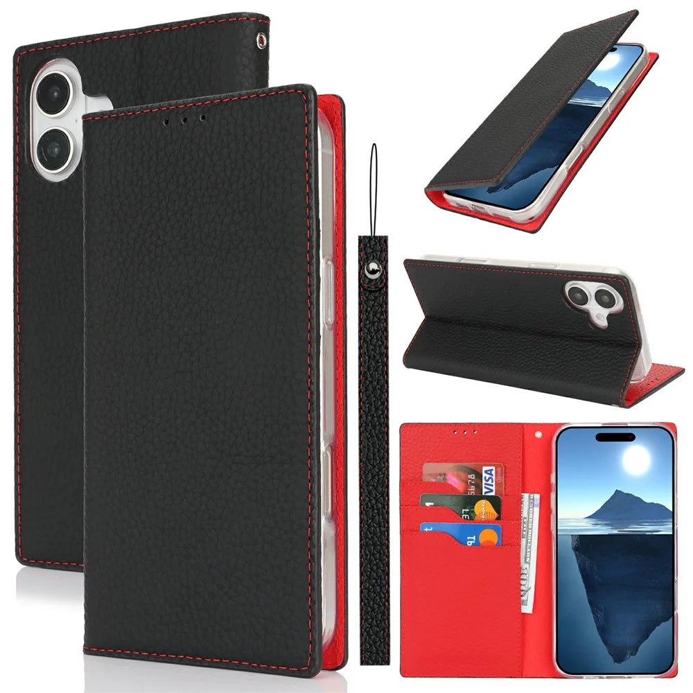 For iPhone 16 Wallet Case Genuine Cow Leather Phone Cover Litchi Texture - Black - 5