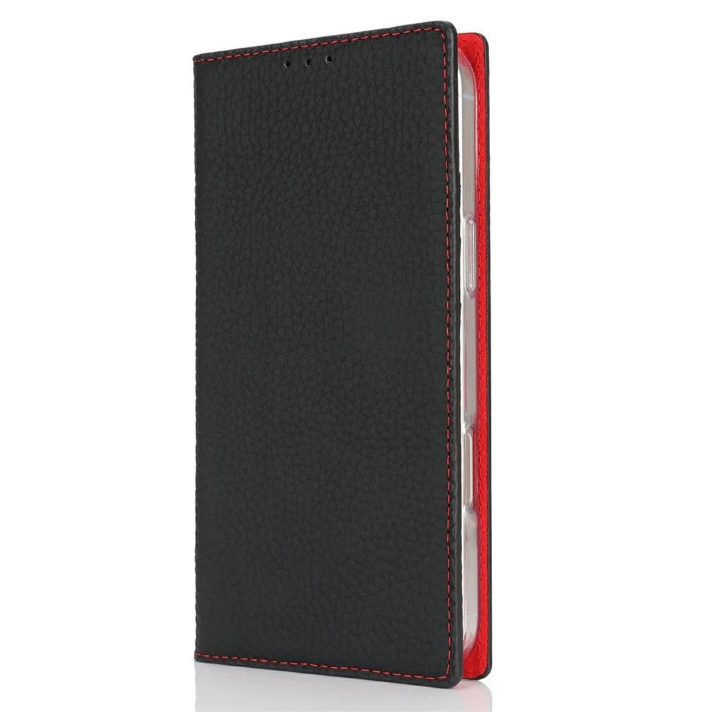 For iPhone 16 Wallet Case Genuine Cow Leather Phone Cover Litchi Texture - Black - 6