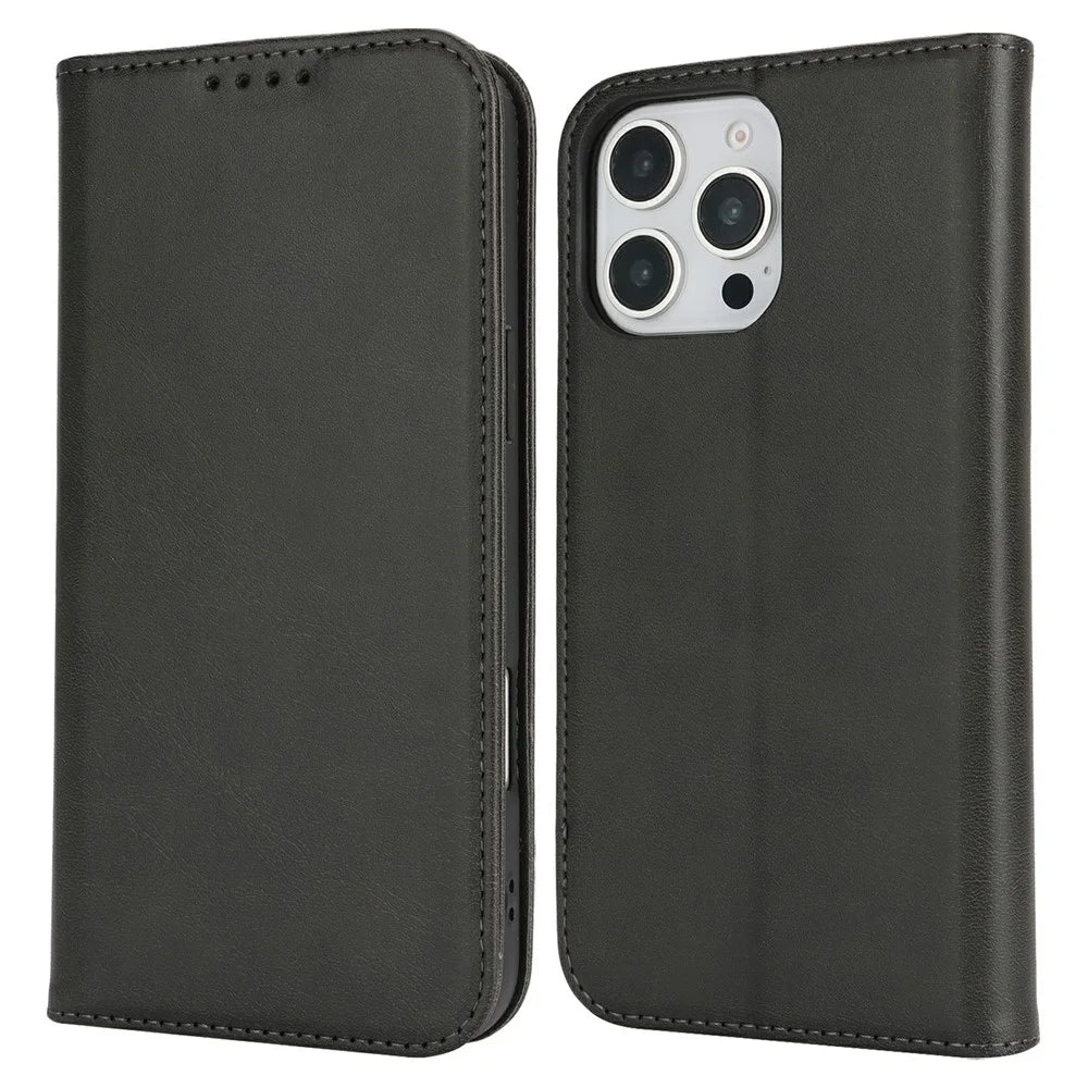 For iPhone 16 Pro Case PU Leather Calf Textured Magnetic Closing Smart Phone Cover - Black - 1