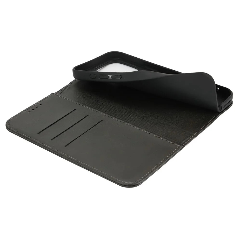 For iPhone 16 Pro Case PU Leather Calf Textured Magnetic Closing Smart Phone Cover - Black - 4