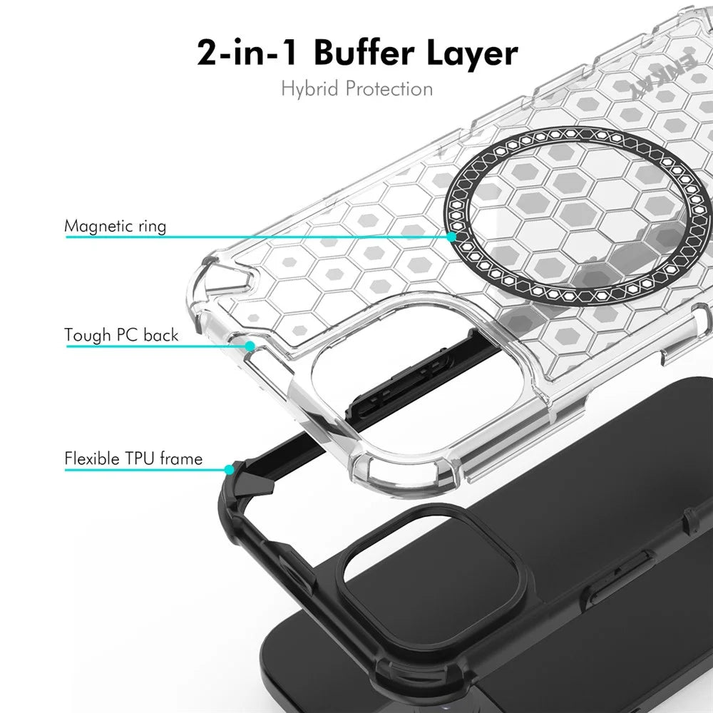 ENKAY HAT PRINCE For iPhone 15  Magnetic Case Honeycomb Design TPU+PC Phone Cover + Large Arc Edge Screen Protector - White - 2