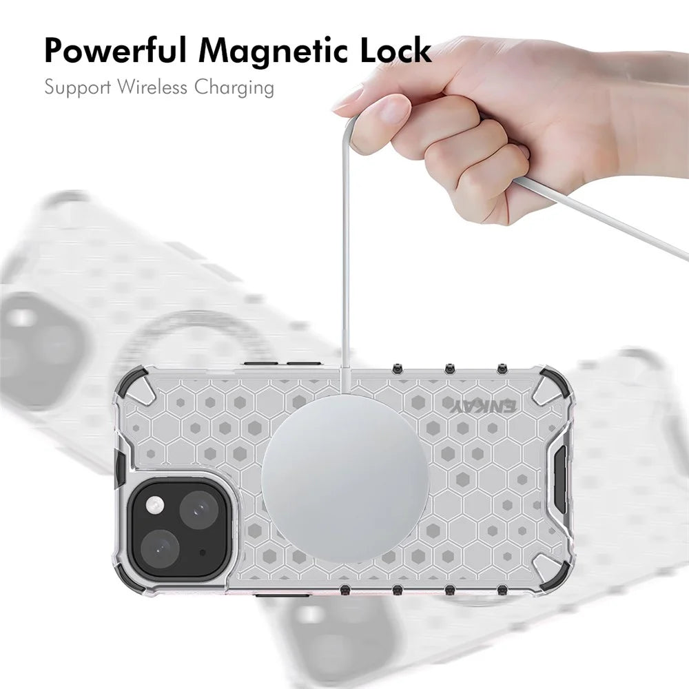 ENKAY HAT PRINCE For iPhone 15  Magnetic Case Honeycomb Design TPU+PC Phone Cover + Large Arc Edge Screen Protector - White - 4
