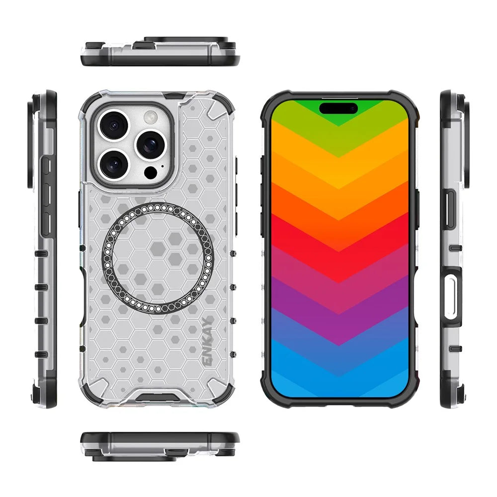 ENKAY HAT PRINCE For iPhone 15 Pro  Magnetic Case Honeycomb Design TPU+PC Phone Cover + Large Arc Edge Screen Protector - White - 6