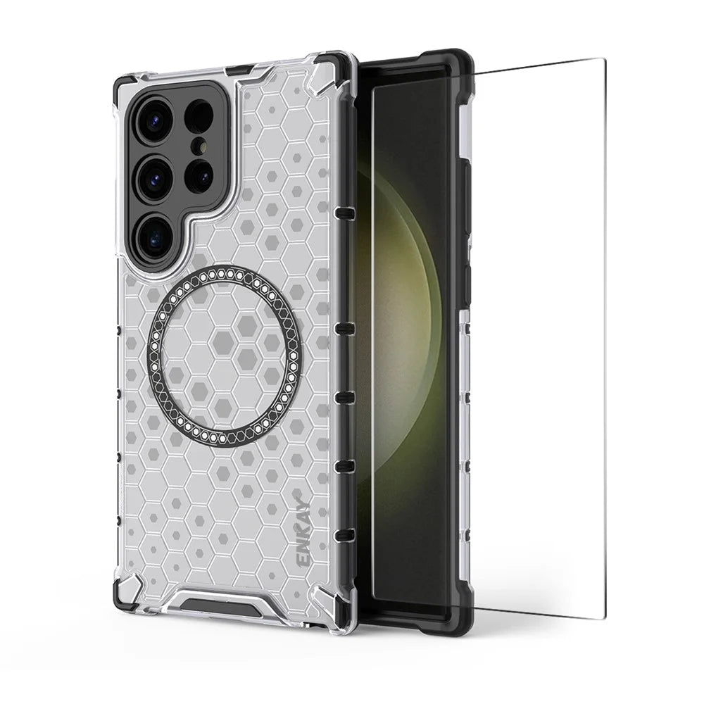 ENKAY HAT PRINCE For Samsung Galaxy S24 Ultra  Magnetic Case Honeycomb Design TPU+PC Phone Cover + 0.18mm Screen Protector - White - 1