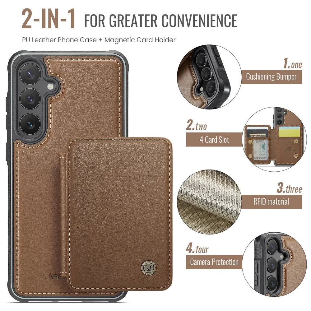 JEEHOOD J05 For Samsung Galaxy S23 FE Case Leather Mobile Cover with Detachable Magnetic Card Bag - Brown - 5