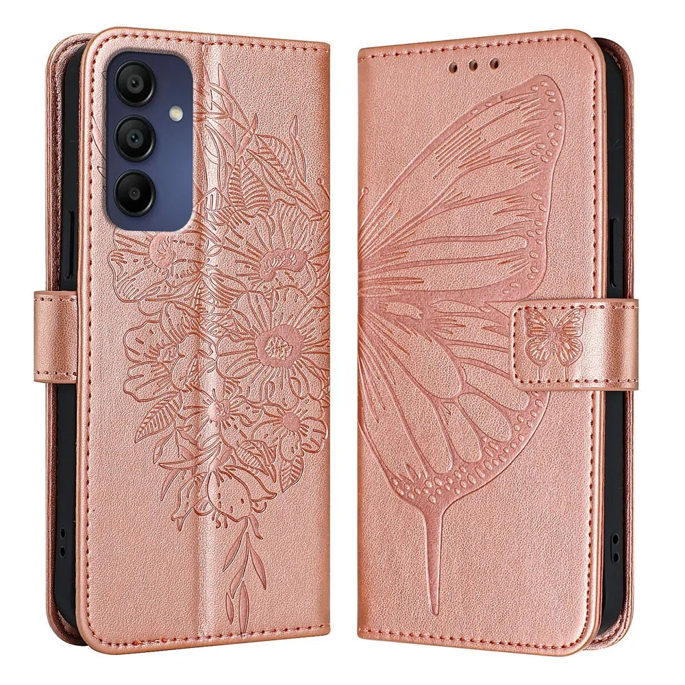 For Samsung Galaxy A16 5G / A16 4G Wallet Case with Wrist Strap Butterfly Imprint Leather Phone Cover -  Rose Gold - 2