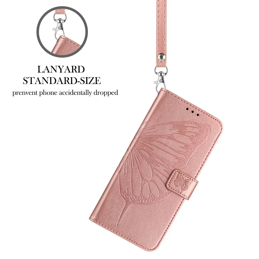 For Samsung Galaxy A16 5G / A16 4G Wallet Case with Wrist Strap Butterfly Imprint Leather Phone Cover -  Rose Gold - 6