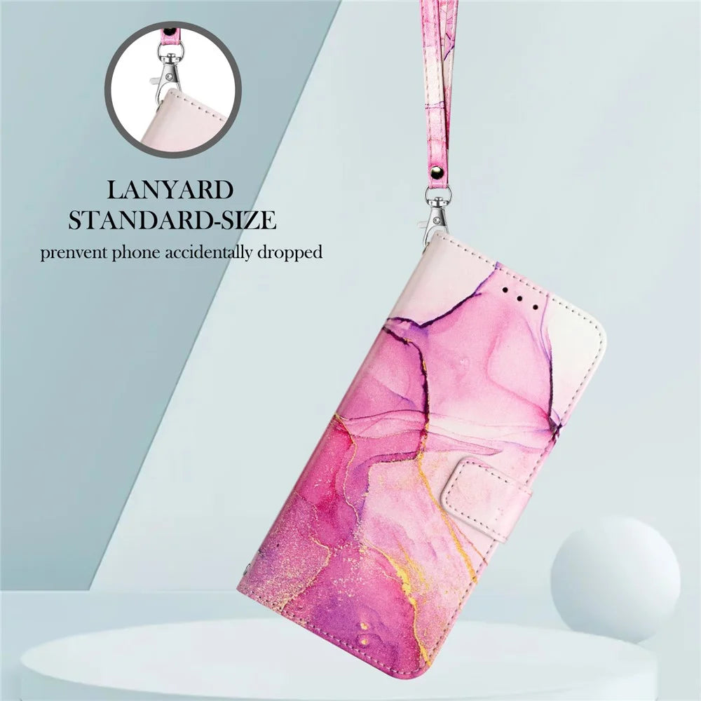 For Samsung Galaxy S24 FE Case with Strap Marble Pattern Leather Phone Cover Card Holder  - Pink / Purple / Gold LS001 - 5