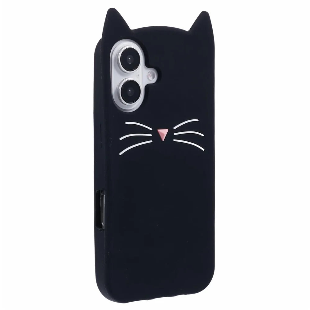 For iPhone 16 Silicone Case 3D Moustache Cat Protective Phone Cover - Black - 1