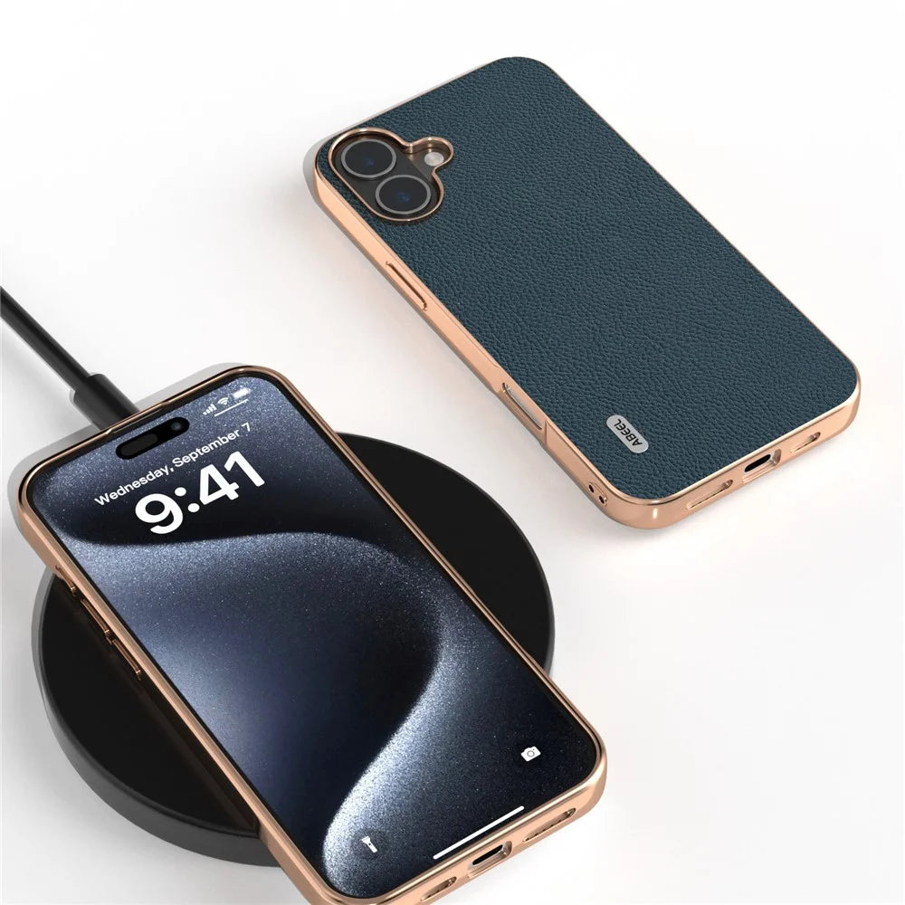 ABEEL For iPhone 16 Case Electroplating Phone Cover Horizon Series Genuine Cow Leather+TPU Protective Case - Green - 4