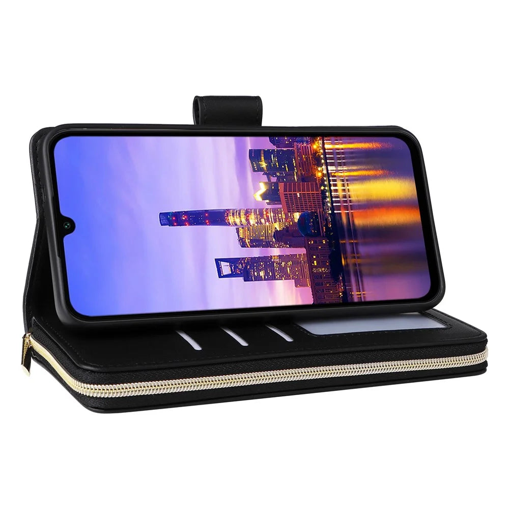 R20 For Samsung Galaxy A16 5G / A16 4G Case Zipper Pocket PU Leather Cover with 9 Card Slots - Black - 4