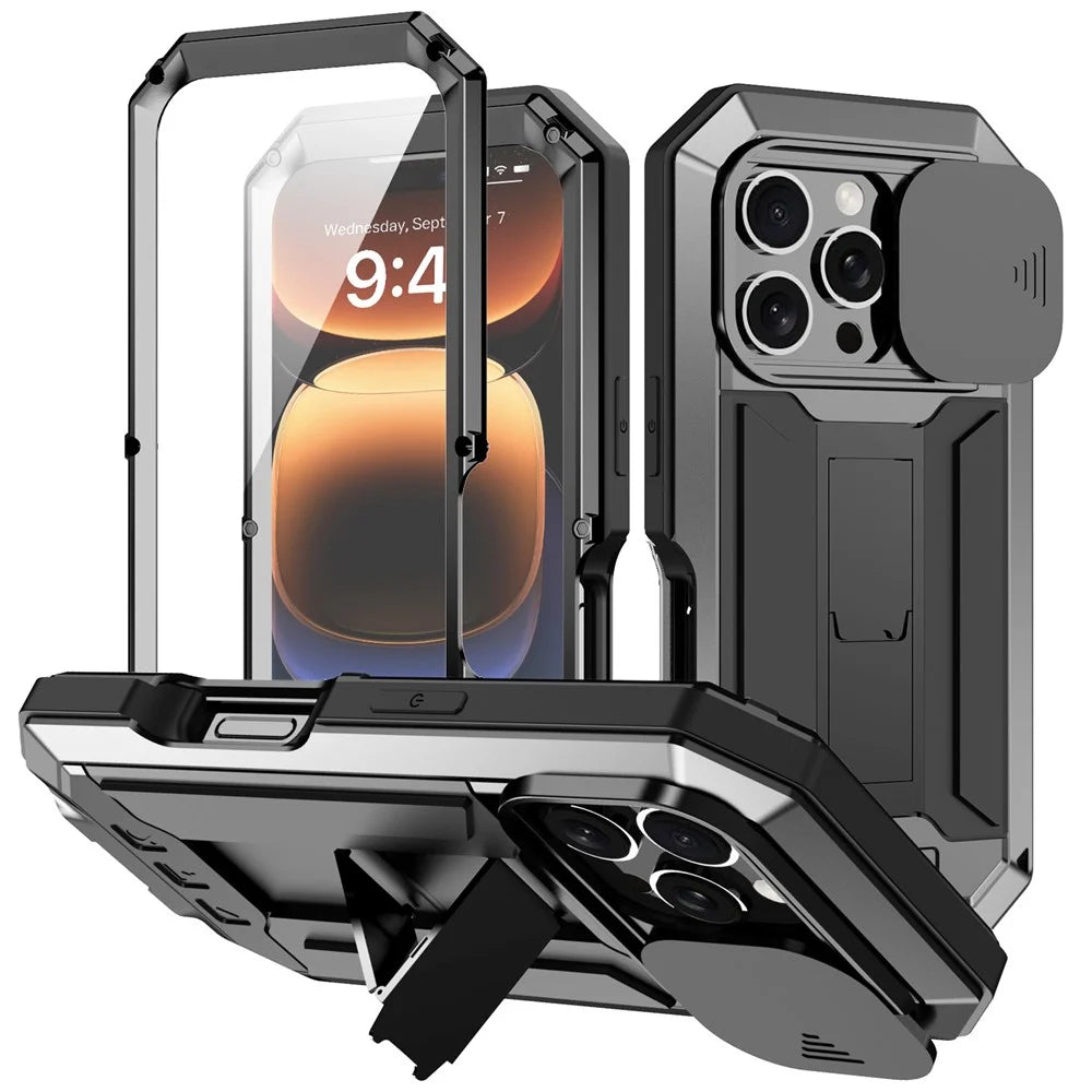 R-JUST For iPhone 16 Pro Kickstand Case Silicone+Metal+PC+Tempered Glass Screen Film Phone Cover -  Black - 1